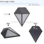 Front, side, and back views of diamond wall light highlighting geometric design, mounting bracket, and wiring.