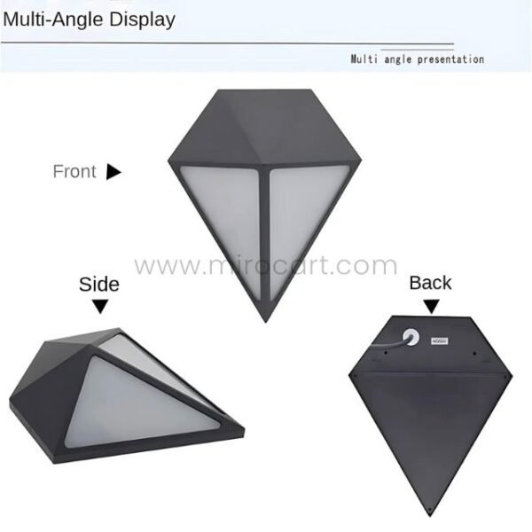Front, side, and back views of diamond wall light highlighting geometric design, mounting bracket, and wiring.