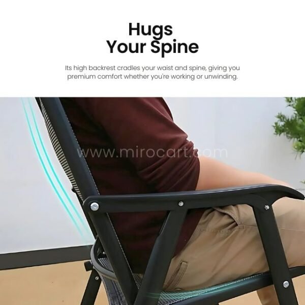 Modern outdoor chair with high backrest for spinal support and posture.