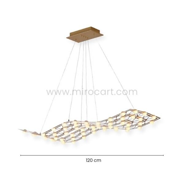 120 cm flowing gold chandelier in a serpentine design, labeled for scale.