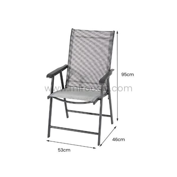 Modern outdoor chair with labeled dimensions: 95 cm tall, 46 cm wide, 53 cm deep.