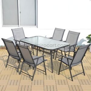 Modern Outdoor Table Set for 4-6 – Foldable Mesh Chairs + Glass Top w/ Umbrella Hole – Patio & Balcony Ready