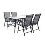 Full modern outdoor dining set with glass-top table and four foldable chairs.