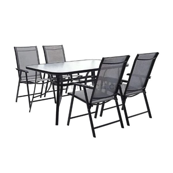 Full modern outdoor dining set with glass-top table and four foldable chairs.