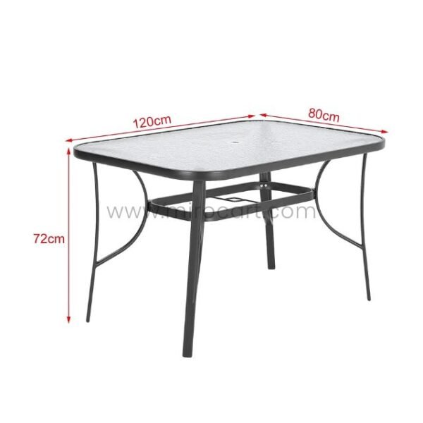 Modern outdoor table with labeled dimensions: 120 x 80 x 72 cm.