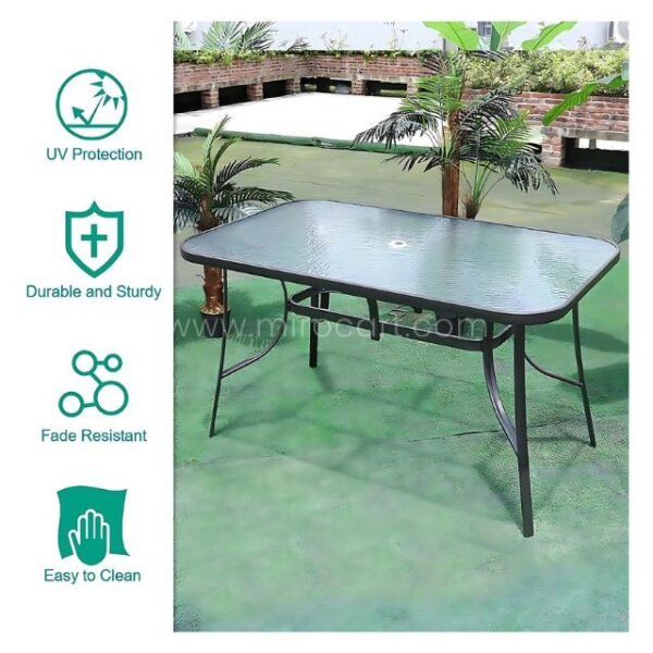 Modern outdoor table showing UV protection, fade resistance, and easy-clean surface.