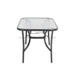 Compact modern outdoor table with glass top and metal frame, ideal for small patios.