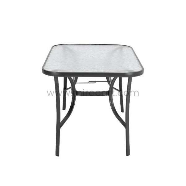 Compact modern outdoor table with glass top and metal frame, ideal for small patios.