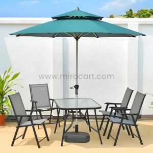 Modern Outdoor Table Set for 4-6 – Foldable Mesh Chairs + Glass Top w/ Umbrella Hole – Patio & Balcony Ready