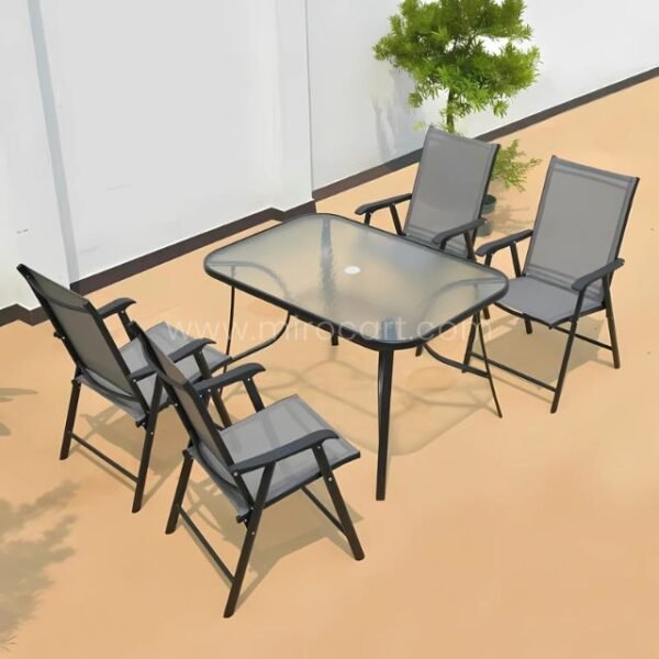 Compact modern outdoor table set with glass top and foldable chairs for small spaces.