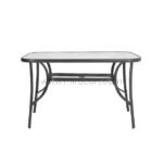 Modern outdoor table with minimalist glass top and sleek black frame.