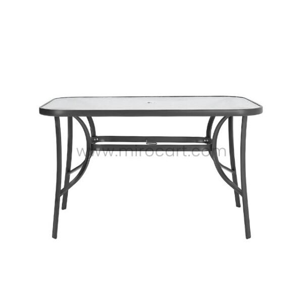 Modern outdoor table with minimalist glass top and sleek black frame.