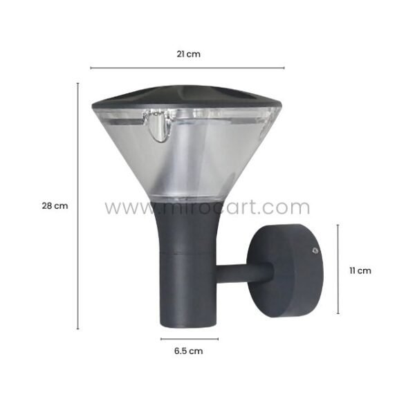 Diagram showing measurements of modern outdoor wall light: 28cm height, 21cm width, 6.5cm depth, 11cm projection.