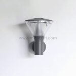 Modern outdoor wall light with sleek gray frame and transparent shade, isolated on a white background.