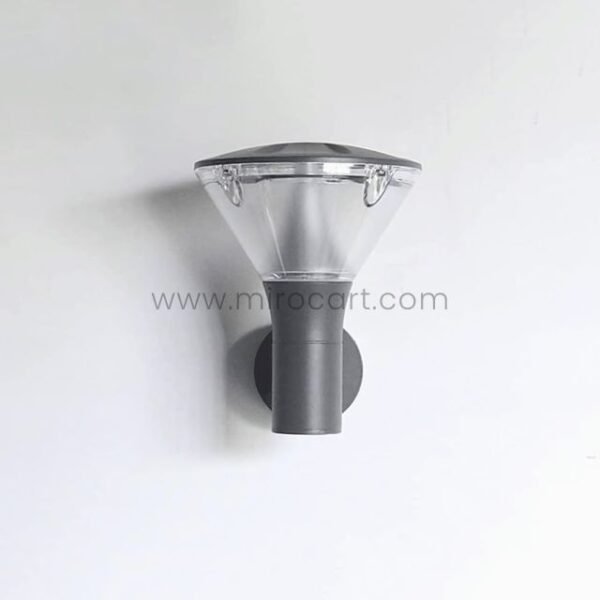 Modern outdoor wall light with sleek gray frame and transparent shade, isolated on a white background.