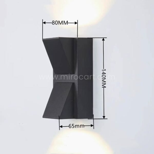 Dimensional drawing of a modern up and down wall light showing 80mm width, 140mm height, 65mm depth.
