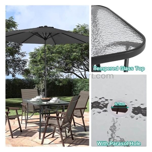 Modern outdoor table with tempered glass top and central parasol hole.