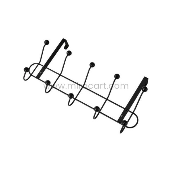 Side view of black over-the-door hook rack showing five curved hooks with ball ends.
