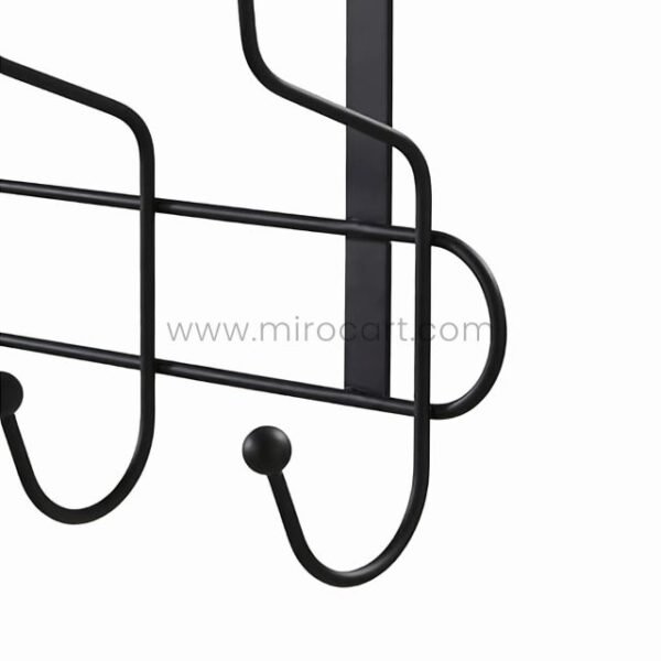 Sturdy metal frame and curved hooks on a black over-the-door hook rack.