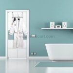 Over-the-door hook rack hanging a cozy robe and accessories in a bathroom.