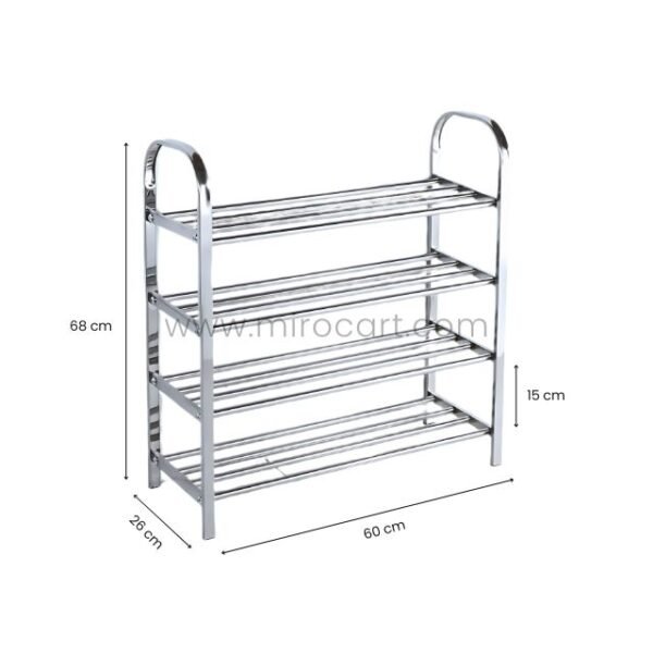 Compact premium stainless steel shoe rack dimensions: 68 cm height, 60 cm width, 26 cm depth.