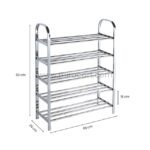 Diagram showing the 5-tier premium stainless steel shoe rack’s size: 83 cm height, 60 cm width, 26 cm depth, 15 cm leg width.