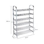 6-Tier premium stainless steel shoe rack with measurements: 98.5 cm height, 60 cm width, 26 cm depth.
