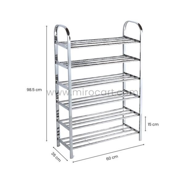 6-Tier premium stainless steel shoe rack with measurements: 98.5 cm height, 60 cm width, 26 cm depth.