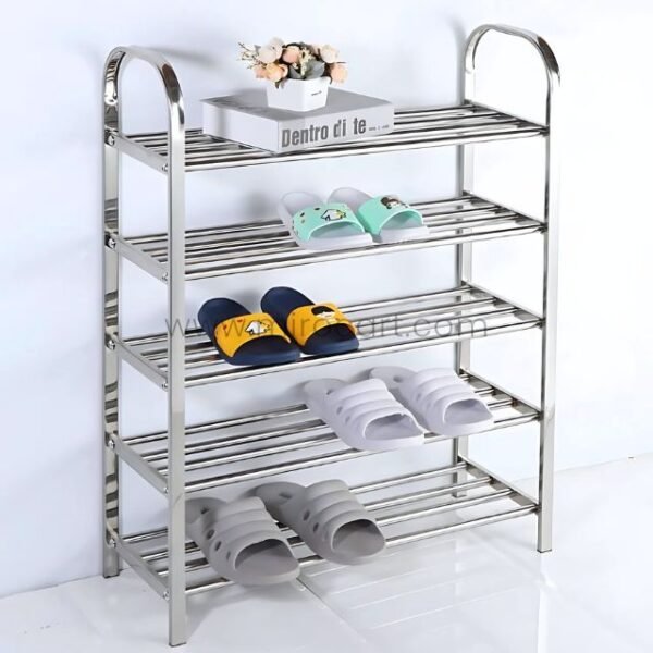Premium stainless steel shoe rack decorated with colorful slippers, a book, and flowers on top.