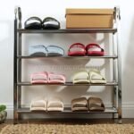 Premium stainless steel shoe rack filled with books and slippers across multiple tiers.