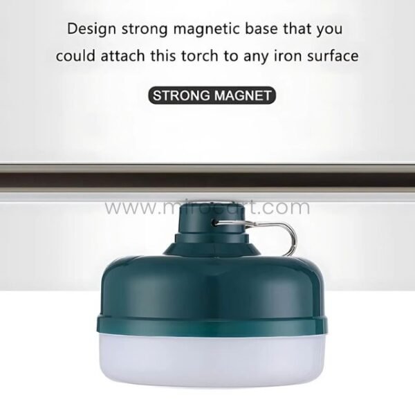 A Rechargeable LED Camping Lantern mounted on a metal surface using its magnetic base.