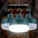 Three Rechargeable LED Camping Lanterns with green casing and white light diffusers, displayed side by side.