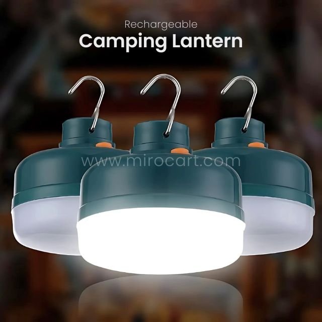 Three Rechargeable LED Camping Lanterns with green casing and white light diffusers, displayed side by side.
