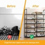 Before-and-after comparison showcasing how the spacious multi-shelf shoe organizer transforms cluttered shoe piles into sleek, organized rows.