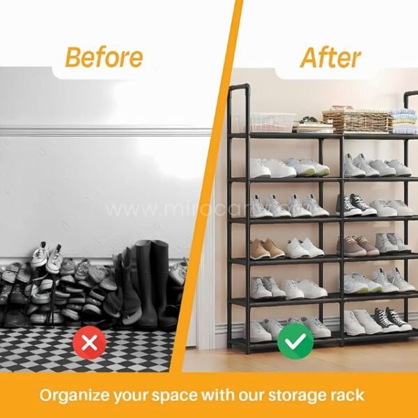 Before-and-after comparison showcasing how the spacious multi-shelf shoe organizer transforms cluttered shoe piles into sleek, organized rows.