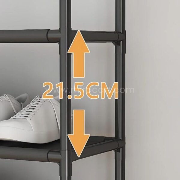 Zoomed-in view of the shelf height on the spacious multi-shelf shoe organizer, showing uniform 21.5 cm spacing for optimal vertical use.