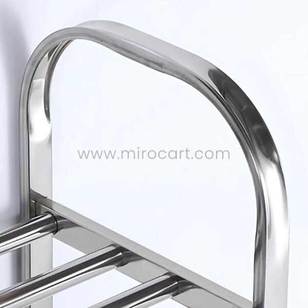 Close-up of the curved handle on the premium stainless steel shoe rack with a polished finish.