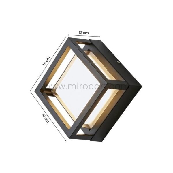 Sleek cube wall light with compact 16 x 16 x 12 cm dimensions shown.