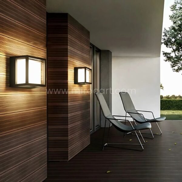 Sleek cube wall lights on wood and concrete walls in modern transitional area.