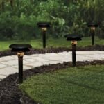 Four solar motion sensor pathway lights installed along a garden path, casting warm illumination.
