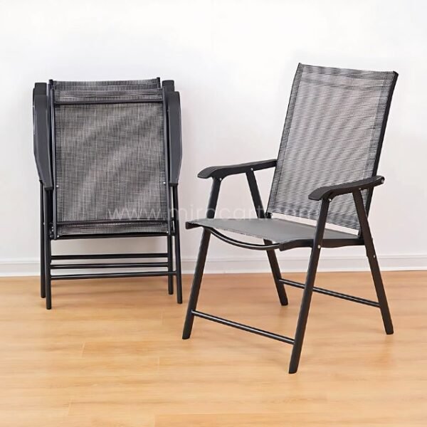 Foldable chairs with mesh backrests and armrests, part of the modern outdoor table set.