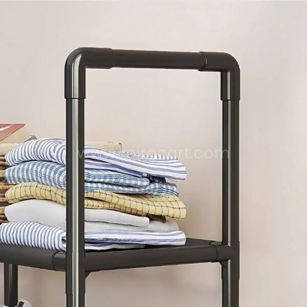 Spacious multi-shelf shoe organizer used creatively to store folded clothes on one of its wide shelves.