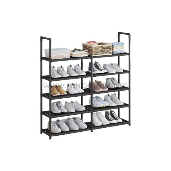 Full view of the spacious multi-shelf shoe organizer featuring a matte black design, organized compartments, and functional top-shelf storage.