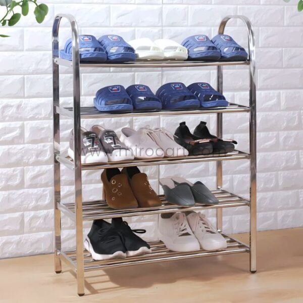 Premium stainless steel shoe rack placed in a home entryway with shoes organized neatly.