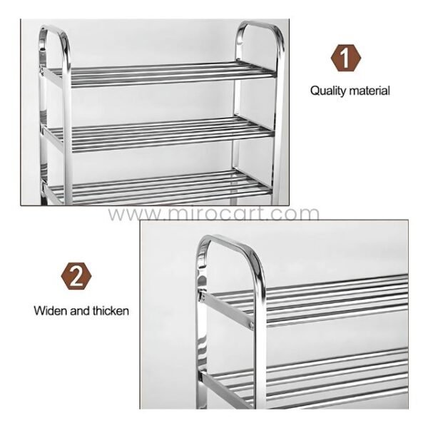 Close-up of the premium stainless steel shoe rack structure showing widened shelves and durable frame.
