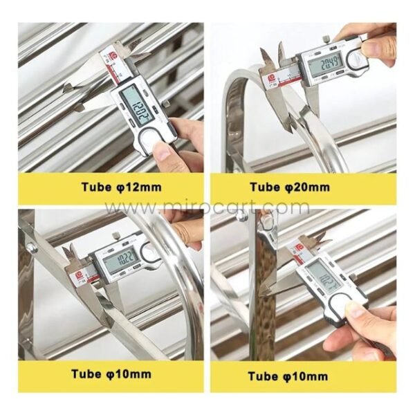Digital caliper showing measurements of the premium stainless steel shoe rack’s tubes: 12mm, 20mm, and 10mm.