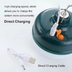 Rechargeable LED Camping Lantern plugged into USB charging cable for quick charge.