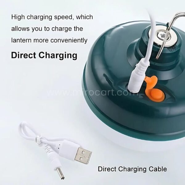 Rechargeable LED Camping Lantern plugged into USB charging cable for quick charge.