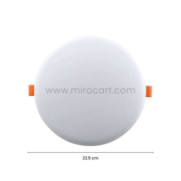 Sleek LED ceiling downlight with 20 cm diameter and slim 2 cm profile.