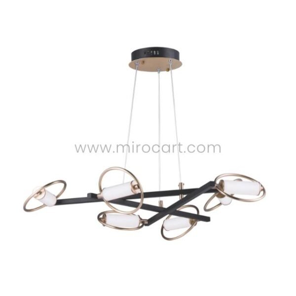 Modern Cross Pendant Chandelier with black frame and gold rings on a plain white background.